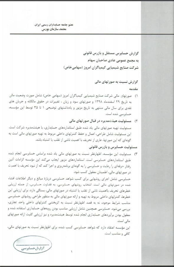 نمونه از نحوه ارائه گزارش حسابرس مستقل و بازرس قانونی یک شرکت سهامی عام در بورس
